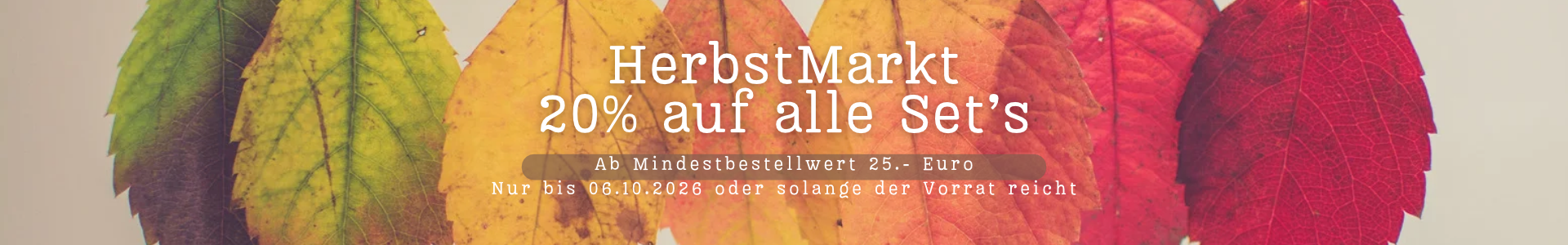 Bunte Blätter und Text mit Herbstmarkt: 20% auf alle Set's bis zum 06.10.2026