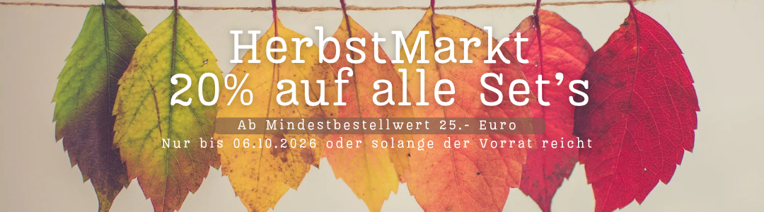 Bunte Blätter und Text mit Herbstmarkt: 20% auf alle Set's bis zum 06.10.2026